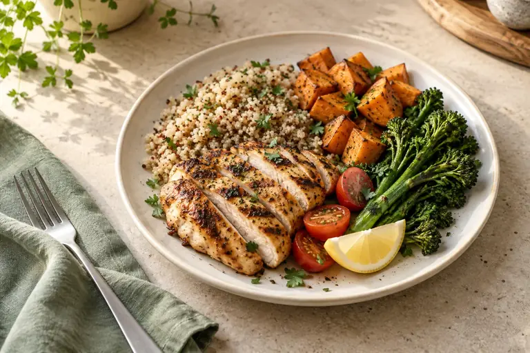 Grilled chicken with quinoa, roasted sweet potato, broccolini and lemon.