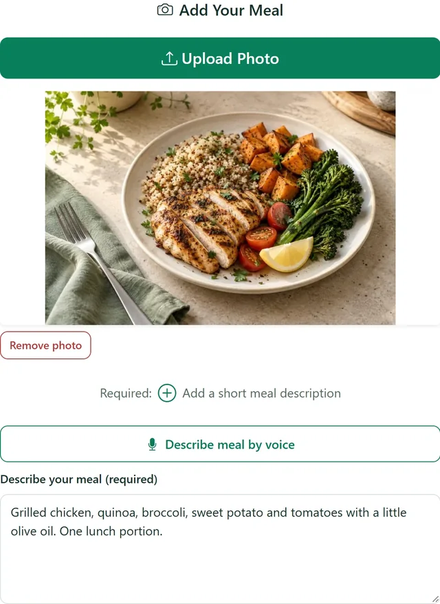 Example meal entry: upload a chicken meal photo and describe the food.