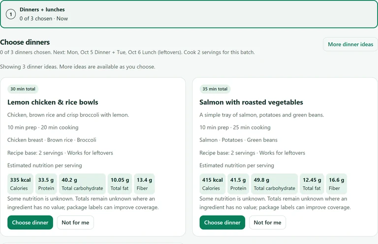 Example Healthy Beetle meal planner with dinner choices and planning controls.