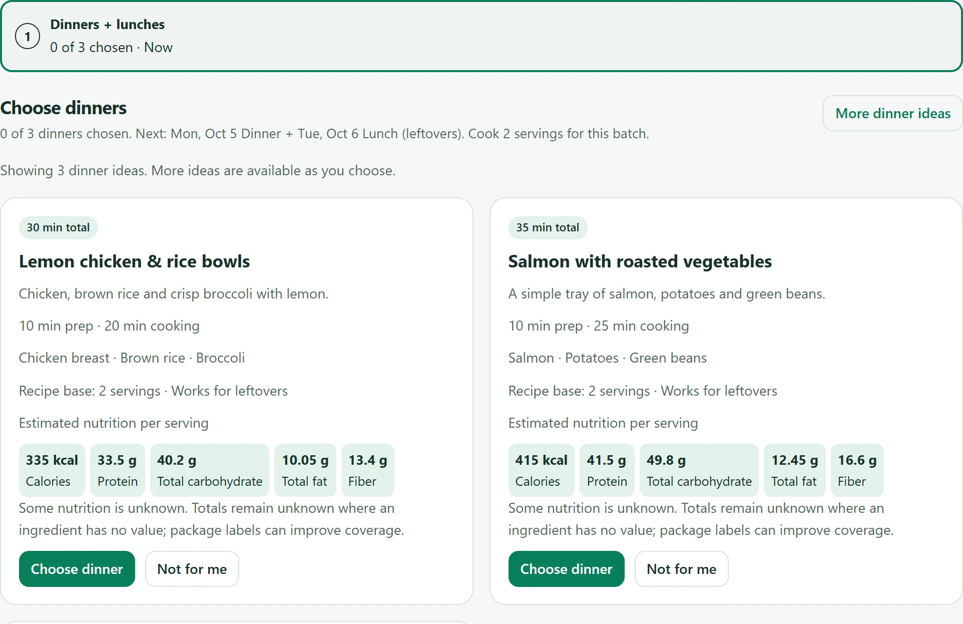 Example Healthy Beetle meal planner with dinner choices and a planning assistant.