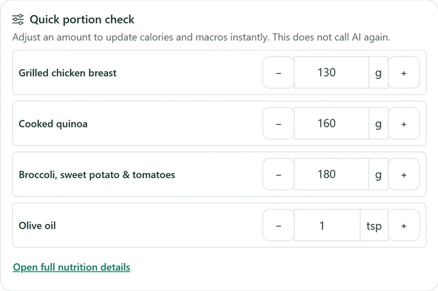Example meal review showing editable portions for chicken, quinoa and vegetables.